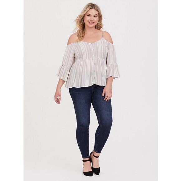 Torrid Womens Blouse Size 1 1X 14 16 Rayon Babydoll Crepe Cold Shoulder Striped - Picture 3 of 8